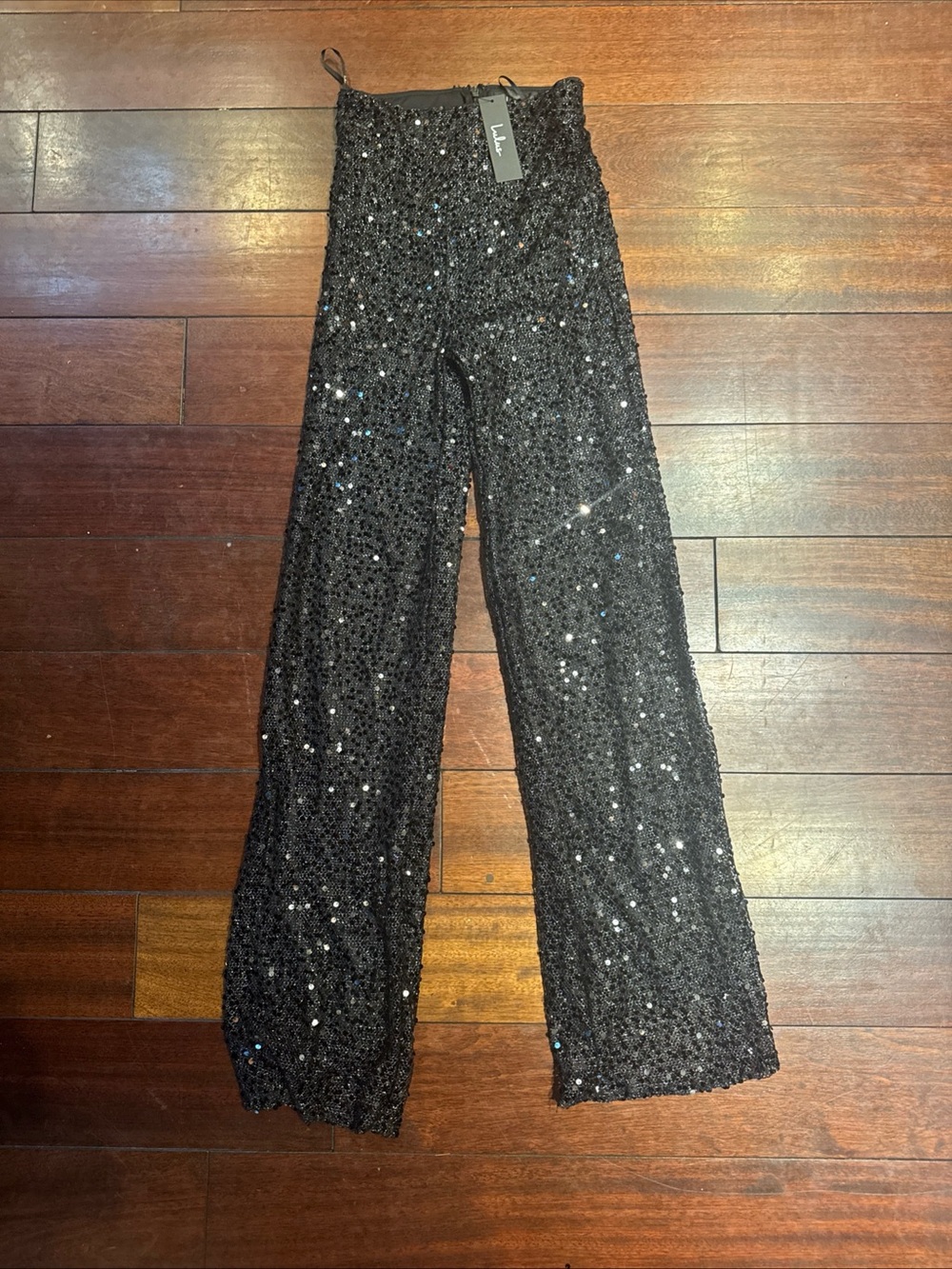 Lulus Women’s XS NWT Black Flare Leg Pants Zip All Sequins Glittery Hight Waist